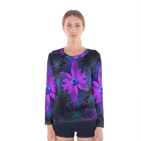 Beautiful Ultraviolet Lilac Orchid Fractal Flowers Women s Long Sleeve Tee by jayaprime