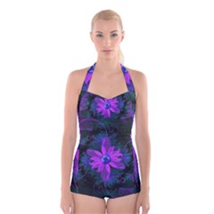 Beautiful Ultraviolet Lilac Orchid Fractal Flowers Boyleg Halter Swimsuit 