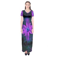 Beautiful Ultraviolet Lilac Orchid Fractal Flowers Short Sleeve Maxi Dress by jayaprime