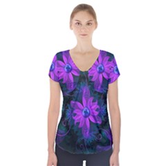 Beautiful Ultraviolet Lilac Orchid Fractal Flowers Short Sleeve Front Detail Top by jayaprime