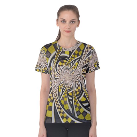 Liquid Taxi Cab, A Yellow Checkered Retro Fractal Women s Cotton Tee by jayaprime