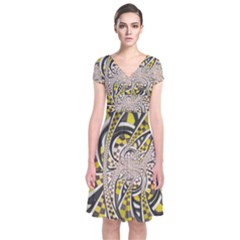 Liquid Taxi Cab, A Yellow Checkered Retro Fractal Short Sleeve Front Wrap Dress by jayaprime