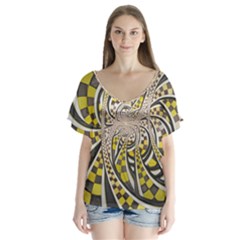 Liquid Taxi Cab, A Yellow Checkered Retro Fractal Flutter Sleeve Top by jayaprime