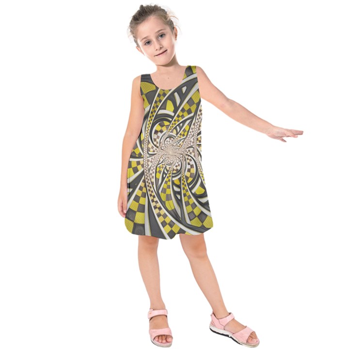 Liquid Taxi Cab, a Yellow Checkered Retro Fractal Kids  Sleeveless Dress