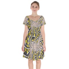 Liquid Taxi Cab, A Yellow Checkered Retro Fractal Short Sleeve Bardot Dress by jayaprime