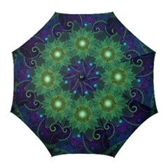 Glowing Blue-green Fractal Lotus Lily Pad Pond Golf Umbrellas by jayaprime