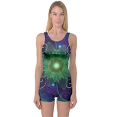 Glowing Blue-green Fractal Lotus Lily Pad Pond One Piece Boyleg Swimsuit by jayaprime