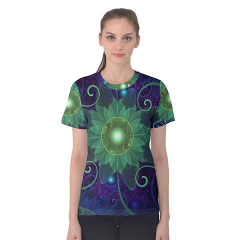 Glowing Blue-green Fractal Lotus Lily Pad Pond Women s Cotton Tee by jayaprime