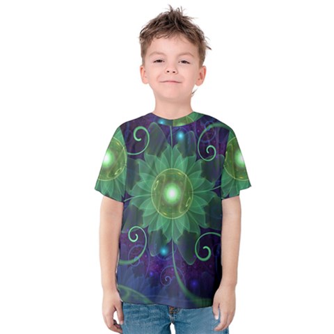 Glowing Blue-green Fractal Lotus Lily Pad Pond Kids  Cotton Tee by jayaprime