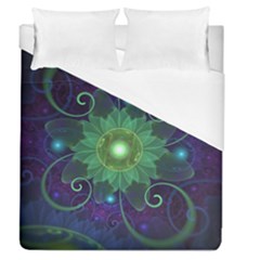 Glowing Blue-green Fractal Lotus Lily Pad Pond Duvet Cover (queen Size) by jayaprime