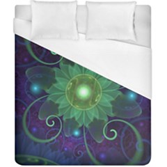 Glowing Blue-green Fractal Lotus Lily Pad Pond Duvet Cover (california King Size) by jayaprime