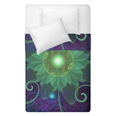 Glowing Blue-green Fractal Lotus Lily Pad Pond Duvet Cover Double Side (single Size) by jayaprime