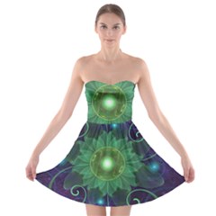 Glowing Blue-green Fractal Lotus Lily Pad Pond Strapless Bra Top Dress by jayaprime