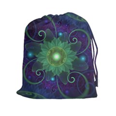 Glowing Blue-green Fractal Lotus Lily Pad Pond Drawstring Pouches (xxl) by jayaprime