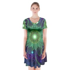 Glowing Blue-green Fractal Lotus Lily Pad Pond Short Sleeve V-neck Flare Dress by jayaprime