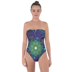 Glowing Blue-green Fractal Lotus Lily Pad Pond Tie Back One Piece Swimsuit by jayaprime