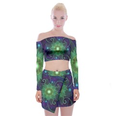 Glowing Blue-green Fractal Lotus Lily Pad Pond Off Shoulder Top With Skirt Set