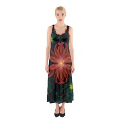 Beautiful Red Passion Flower In A Fractal Jungle Sleeveless Maxi Dress by jayaprime