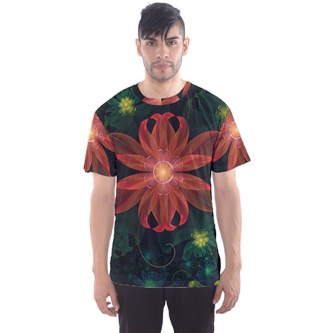 Beautiful Red Passion Flower In A Fractal Jungle Men s Sports Mesh Tee by jayaprime