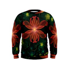 Beautiful Red Passion Flower In A Fractal Jungle Kids  Sweatshirt by jayaprime