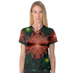 Beautiful Red Passion Flower In A Fractal Jungle Women s V-neck Sport Mesh Tee