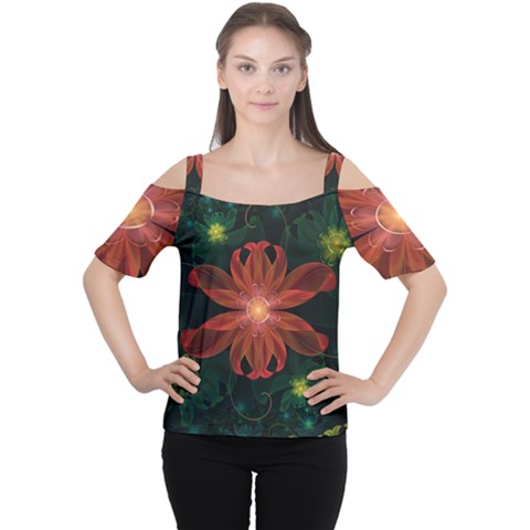 Beautiful Red Passion Flower In A Fractal Jungle Women s Cutout Shoulder Tee by jayaprime