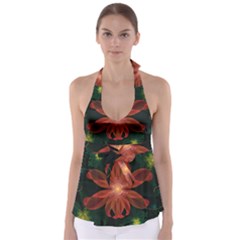 Beautiful Red Passion Flower In A Fractal Jungle Babydoll Tankini Top by jayaprime