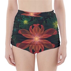 Beautiful Red Passion Flower In A Fractal Jungle High-waisted Bikini Bottoms by jayaprime