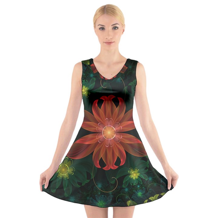 Beautiful Red Passion Flower in a Fractal Jungle V-Neck Sleeveless Skater Dress