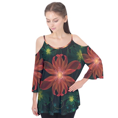 Beautiful Red Passion Flower In A Fractal Jungle Flutter Tees by jayaprime