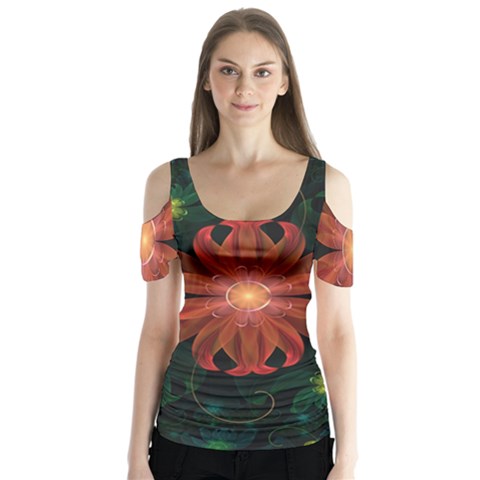 Beautiful Red Passion Flower In A Fractal Jungle Butterfly Sleeve Cutout Tee  by jayaprime