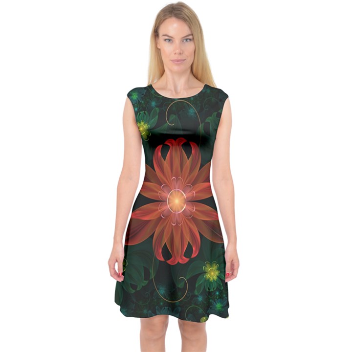 Beautiful Red Passion Flower in a Fractal Jungle Capsleeve Midi Dress