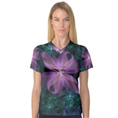 Pink and Turquoise Wedding Cremon Fractal Flowers Women s V-Neck Sport Mesh Tee