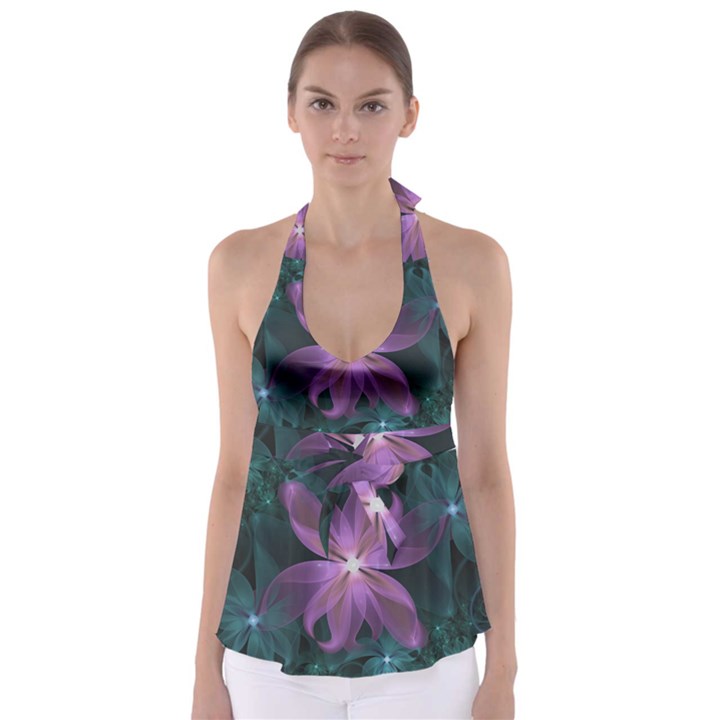 Pink and Turquoise Wedding Cremon Fractal Flowers Babydoll Tankini Top