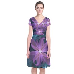 Pink and Turquoise Wedding Cremon Fractal Flowers Short Sleeve Front Wrap Dress