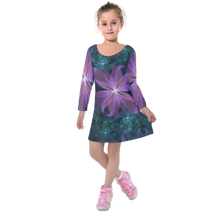 Pink and Turquoise Wedding Cremon Fractal Flowers Kids  Long Sleeve Velvet Dress