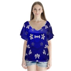 Blue Beijing V-neck Flutter Sleeve Top