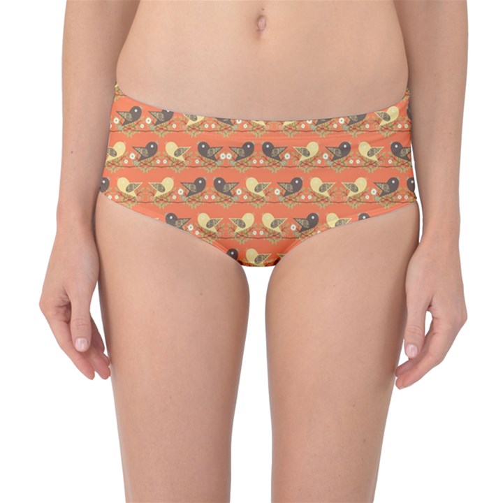 Birds Pattern Mid-Waist Bikini Bottoms