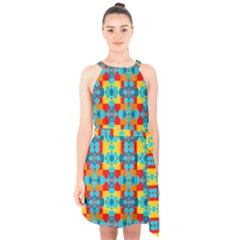 Pop Art Abstract Design Pattern Halter Collar Waist Tie Chiffon Dress