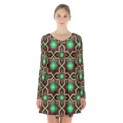 Pattern Background Bright Brown Long Sleeve Velvet V-neck Dress by BangZart