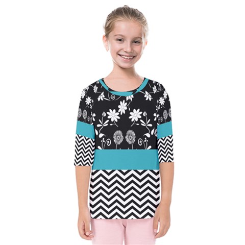 Flowers Turquoise Pattern Floral Kids  Quarter Sleeve Raglan Tee by BangZart