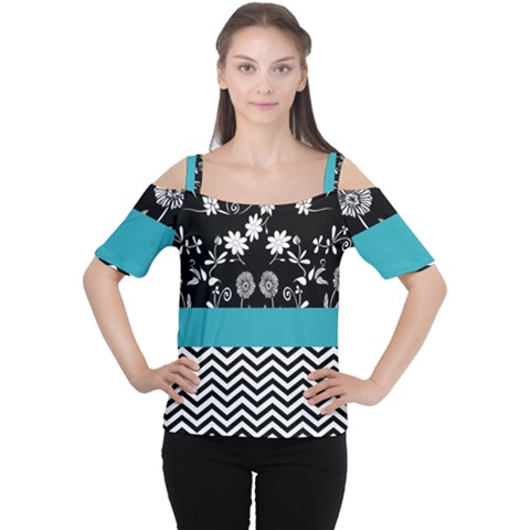 Flowers Turquoise Pattern Floral Women s Cutout Shoulder Tee by BangZart