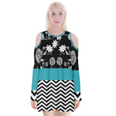 Flowers Turquoise Pattern Floral Velvet Long Sleeve Shoulder Cutout Dress by BangZart