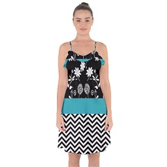 Flowers Turquoise Pattern Floral Ruffle Detail Chiffon Dress