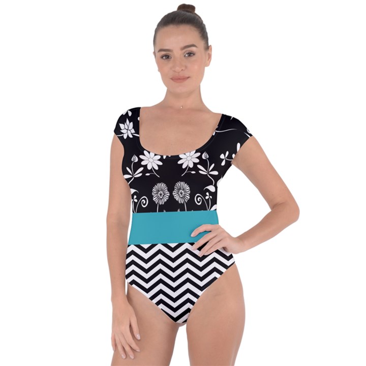 Flowers Turquoise Pattern Floral Short Sleeve Leotard 