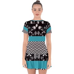 Flowers Turquoise Pattern Floral Drop Hem Mini Chiffon Dress