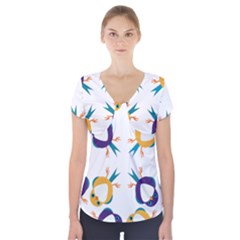 Pattern Circular Birds Short Sleeve Front Detail Top by BangZart