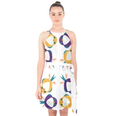 Pattern Circular Birds Halter Collar Waist Tie Chiffon Dress