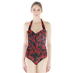 Black Red Tiles Checkerboard Halter Swimsuit by BangZart