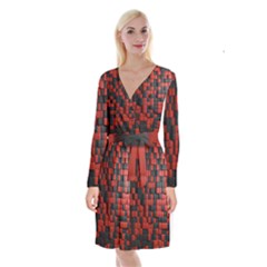 Black Red Tiles Checkerboard Long Sleeve Velvet Front Wrap Dress by BangZart